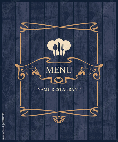 Cover for restaurant menu with a toque and cutlery on a wooden boards background texture
