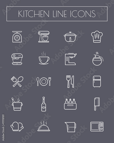 flat line kitchen tools icon set.