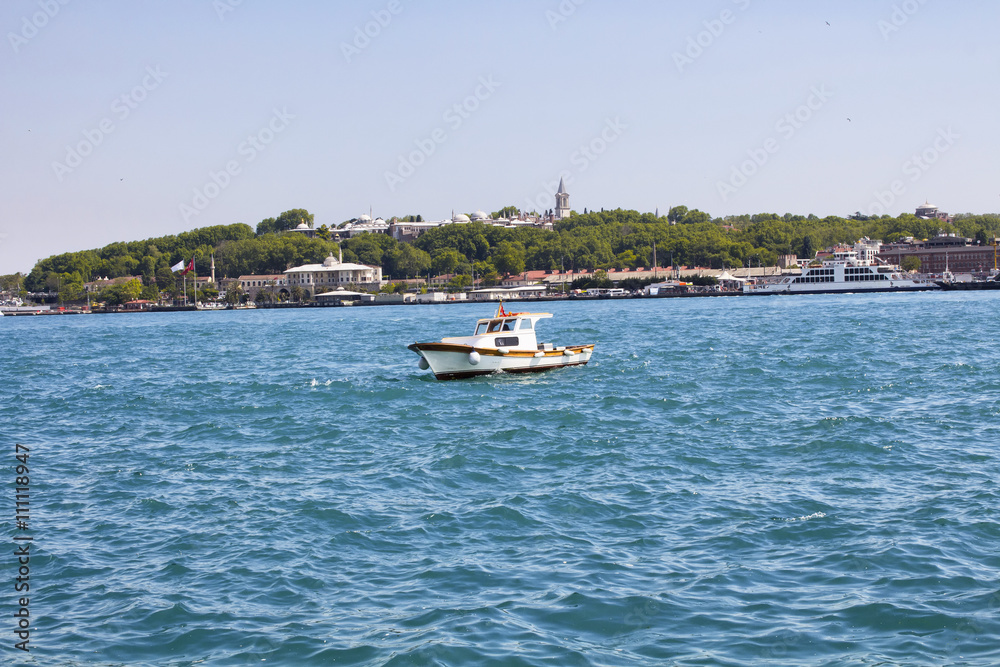 Fishing boat in front of Topkapi Palace in Istanbul