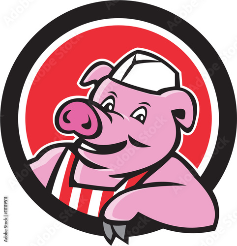 Butcher Pig Leaning Circle Cartoon