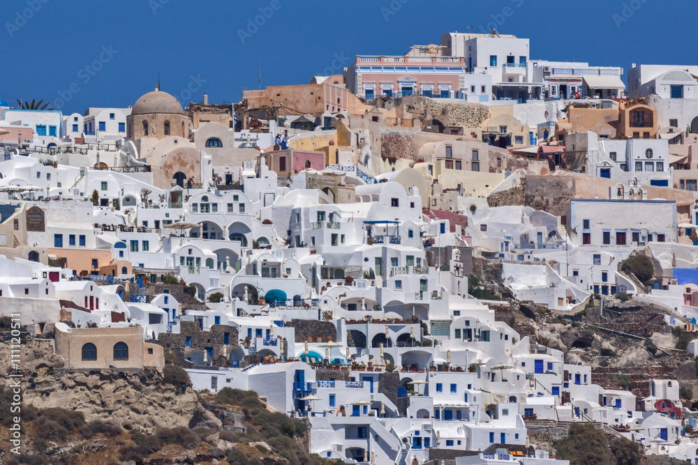 Amazing landscape to Oia town from the sea, Santorini island, Cyclades, Greece