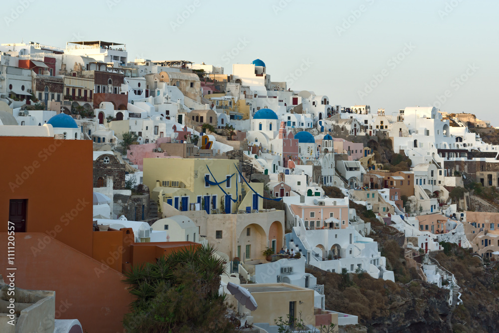 Panoramic sunset Landscape in town of Oia, Santorini island, Thira, Cyclades, Greece