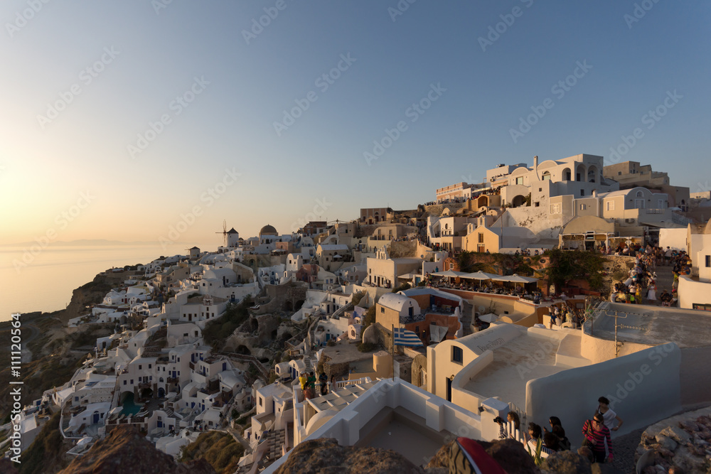 Amazing sunset Landscape in town of Oia, Santorini island, Thira, Cyclades, Greece