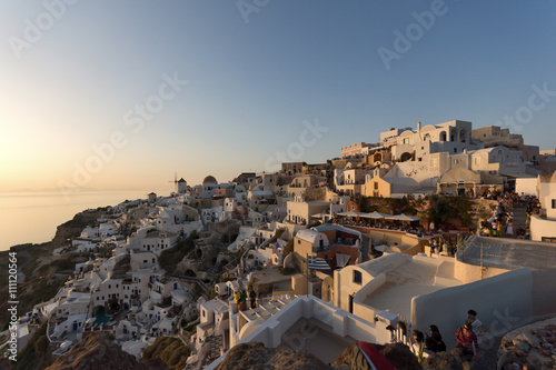 Amazing sunset Landscape in town of Oia, Santorini island, Thira, Cyclades, Greece