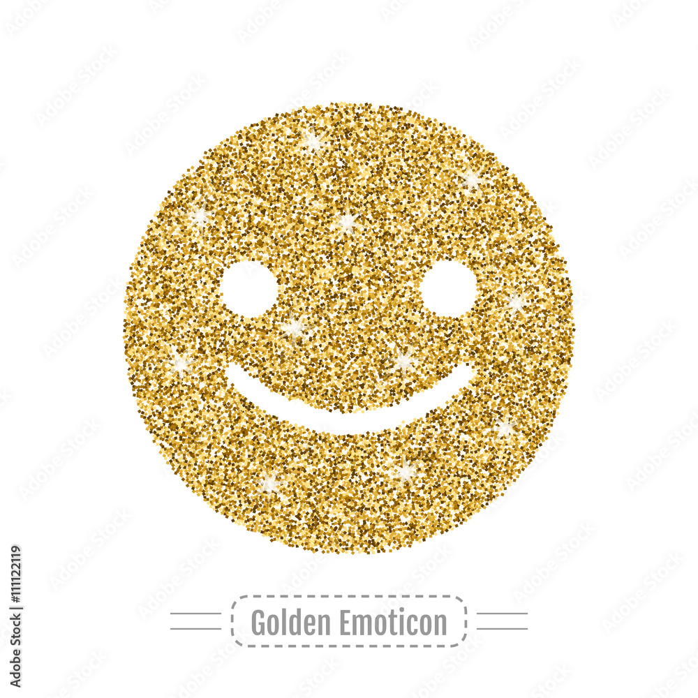 Happy emoticon by golden glitter. Face with smile, icon. Vector Stock