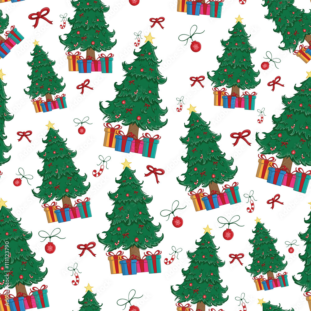 Seamless Pattern Christmas Tree With Gift, Candy, Light Bulb And Tape