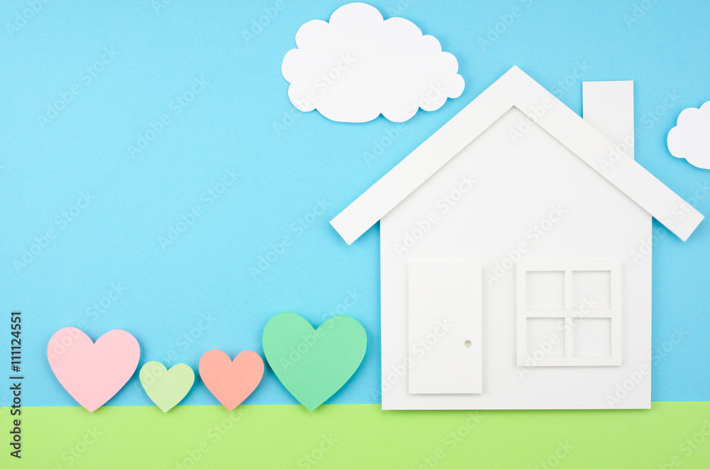 House and hearts on paper background. House shaped paper cutout and ...