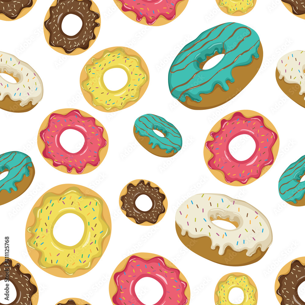 Seamless Pattern Of Delicious Donuts With Colorful Topping And Sprinkles Seamless Pattern Of Delicious Donuts With Colorful Topping And Sprinkles