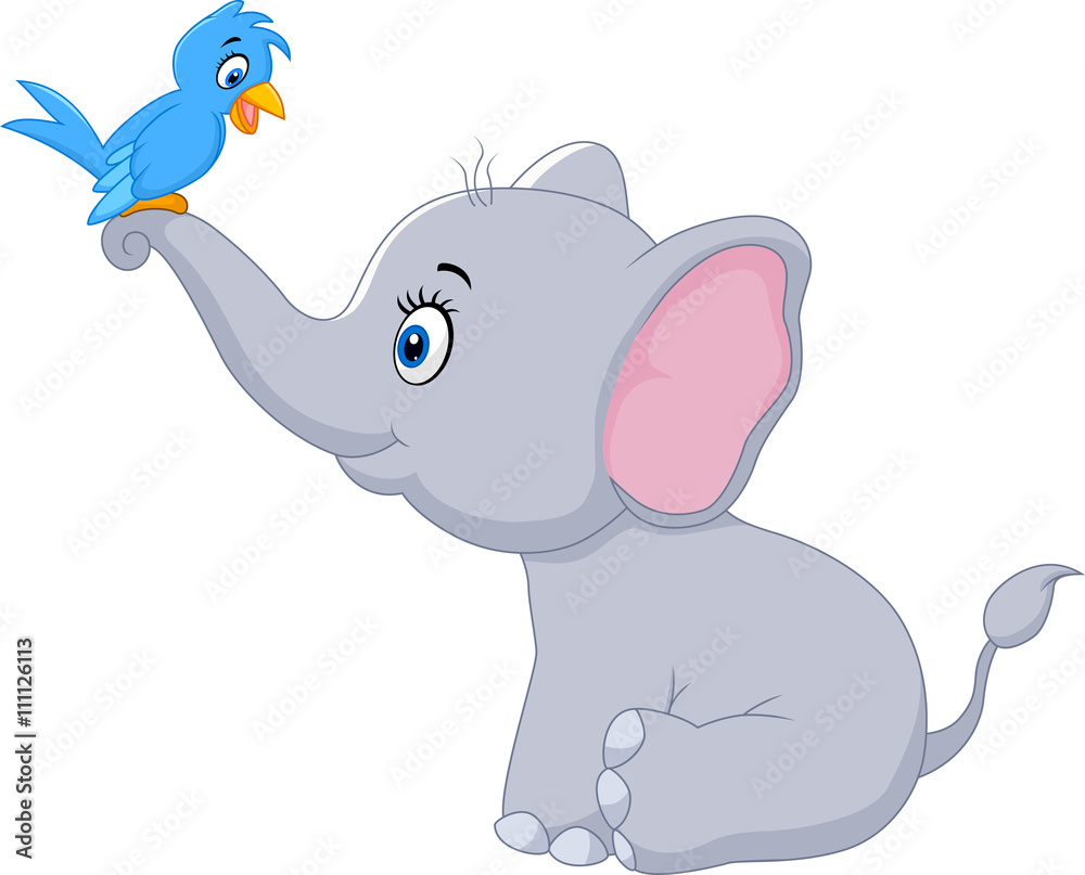 Cute cartoon elephant and bird Cute cartoon elephant and bird