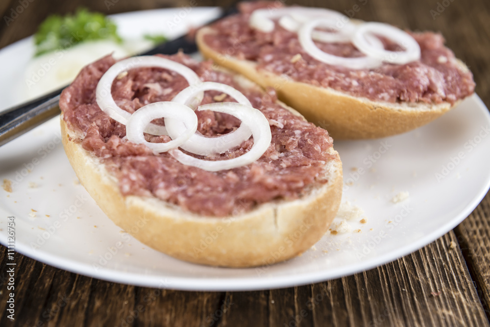 Fresh made Bun with Mett (selective focus) Fresh made Bun with Mett (selective focus)