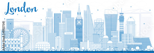 Outline London Skyline with Blue Buildings.