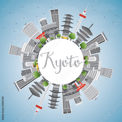 Kyoto Skyline with Gray Landmarks, Blue Sky and Copy Space.