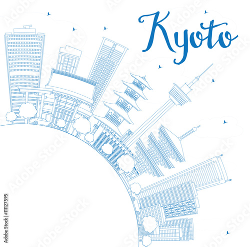 Outline Kyoto Skyline with Blue Landmarks and Copy Space.