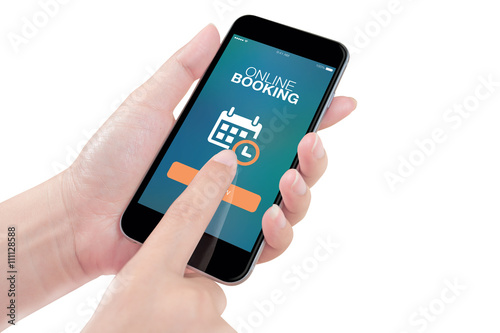 Woman using the phone with online booking screen on white background, isolated
