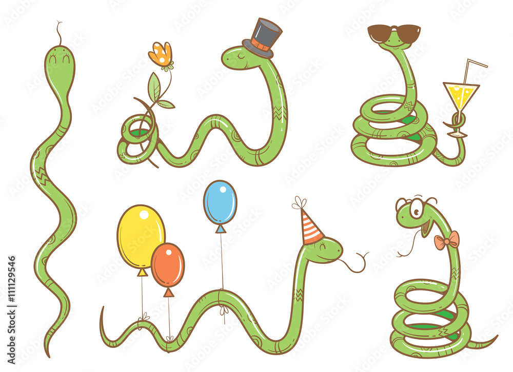 Naklejka premium Cartoon cute snakes set. Five funny animals in different poses. Collection of reptiles. Children's illustration. Vector image. Birthday set.