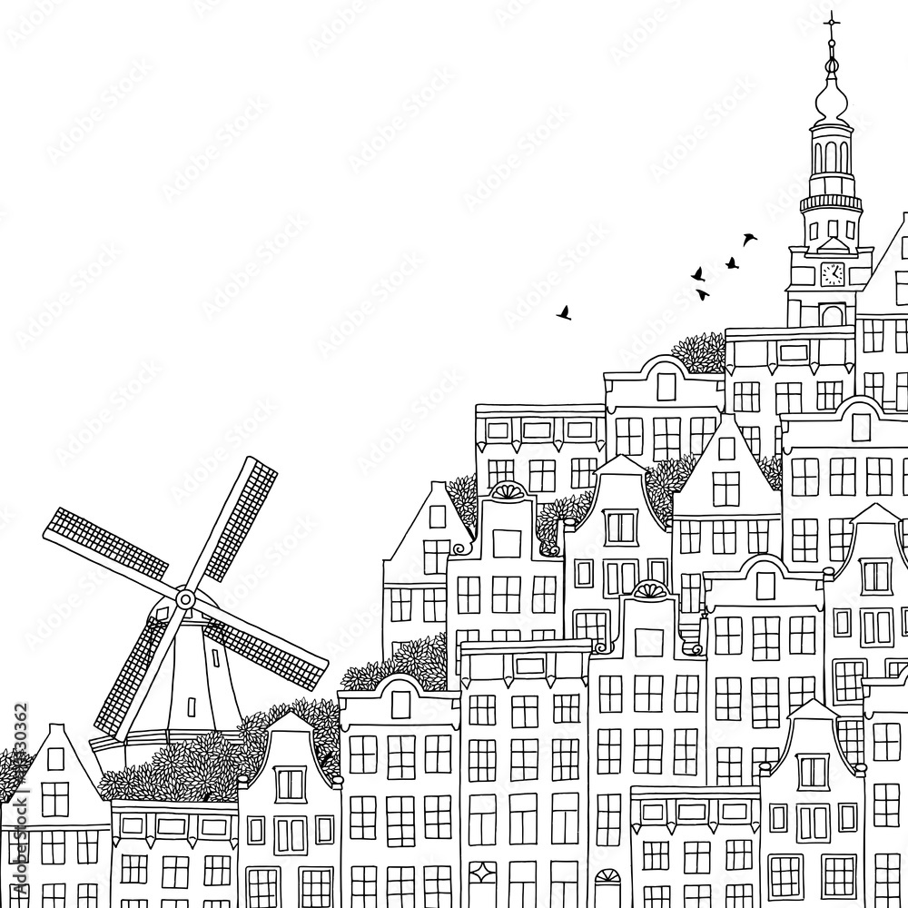 Hand drawn black and white illustration of a Dutch city with windmill