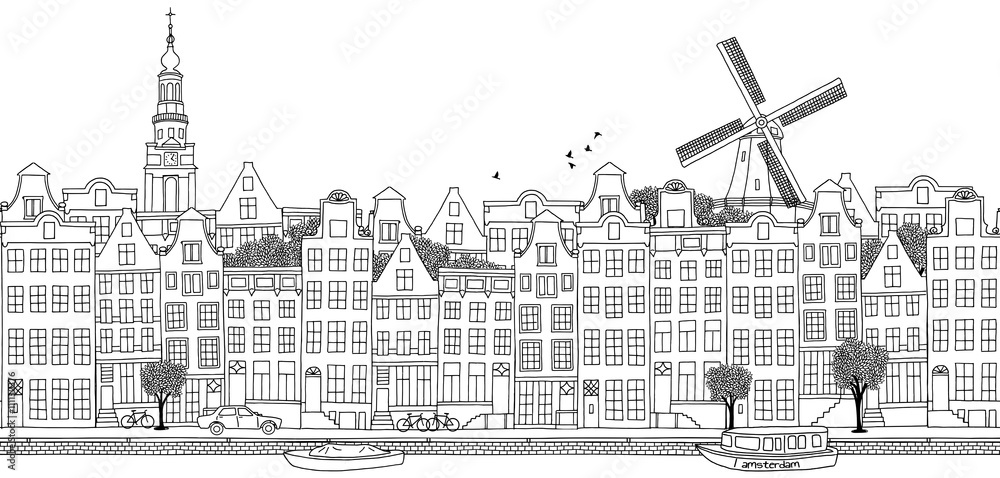 Fototapeta premium Bezszwowy sztandar Amsterdam linia horyzontu, ręka rysująca czarny i biały ilustracja