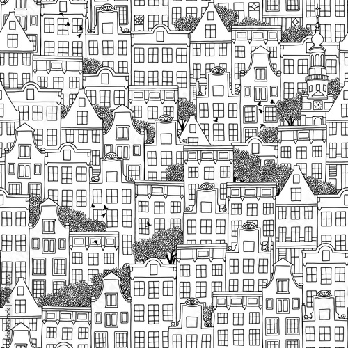 Hand drawn seamless pattern of Dutch style houses