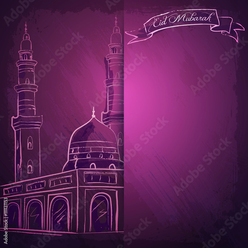 Vector mosque ink sketch for Eid Mubarak greeting background