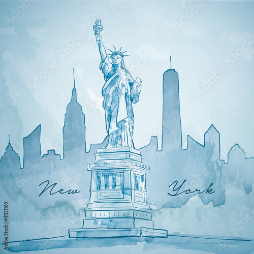 Liberty statue with New York building city silhouette