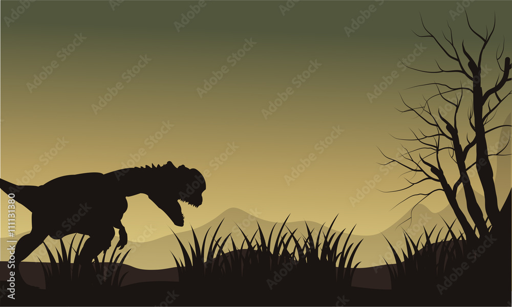 Silhouette of one dilophosaurus in hills