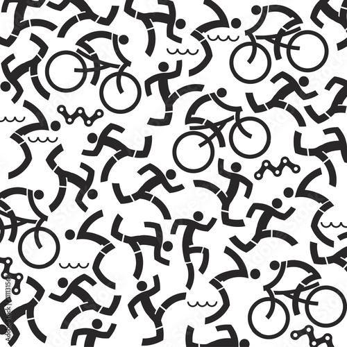 Triathlon icons background. Background with black icons of triathlon athletes. Vector available. 