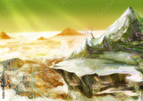 Cartoon illustration of cute white rabbit bunny is standing overhanging rock cliff in the beautiful mountain valley scene with sunlight shinning 