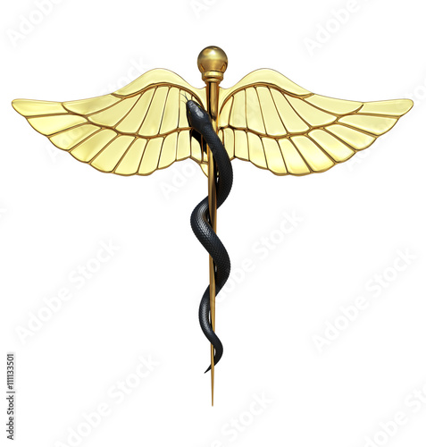 Caduceus Medical Symbol and Black Snake isolated on White Background. 3D illustration