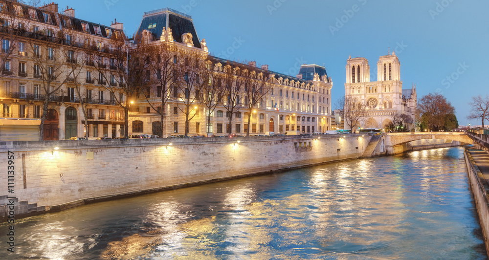Eveing panorama of Paris with Notre-Dame cathedral