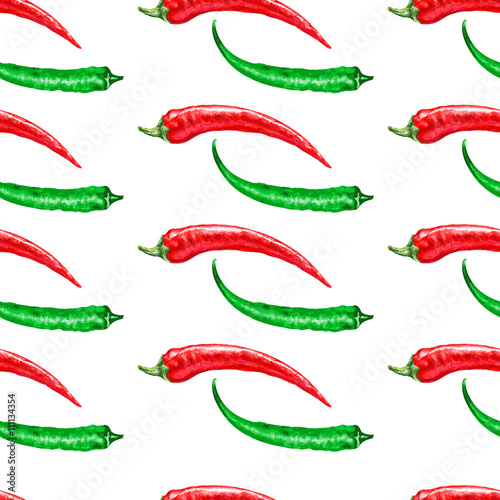 Fresh watercolor red, green chili pepper vector illustration isolated on white background, Seamless vector pattern cooking ingredient, condiment, Hand drawn spicy for menu, package, textile, wallpaper