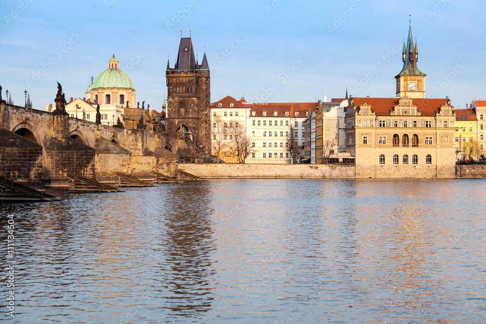 Historical buildings in Prague and Charles Bridge