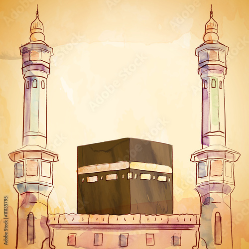 Kaaba and haram mosque illustration with vector watercolor brush and ink sketch