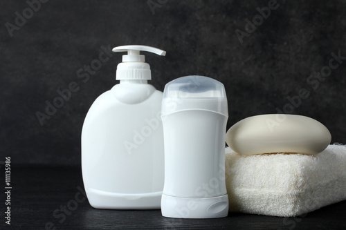 personal hygiene items on a black background photo