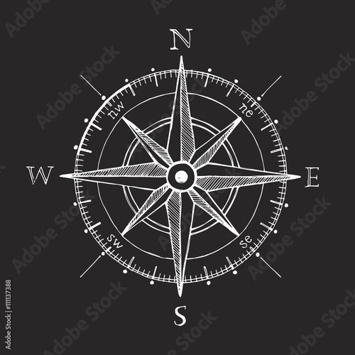 Compass wind rose hand drawn vector design element. Black vintag