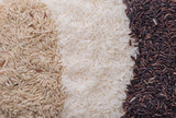 Food background with three rows of rice varieties : brown rice,riceberry rice, white (jasmine) rice.