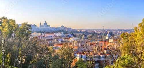 Sunrise panorama of Madrid with Royal Palace and Almudena Cathe