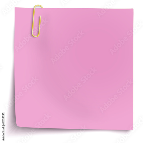 Rosy sticky note with yellow paper clip isolated on white