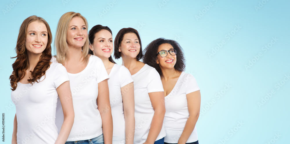 group of happy different women in white t-shirts group of happy different women in white t-shirts