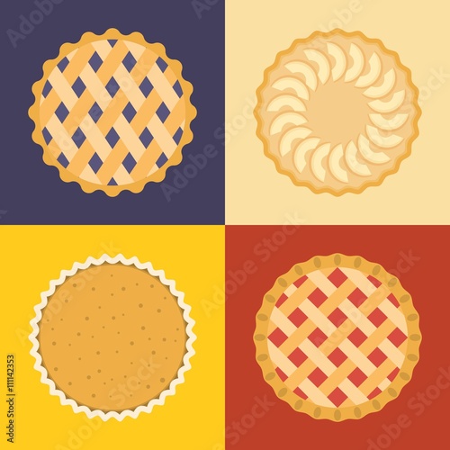 Pie icon set, raspberry, cherry, blackcurrant, apple, pumpkin, flat design, set 2