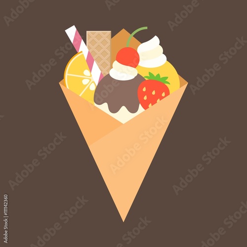 crepes with topping, fruits, wafer, orange, cherry, whip cream, strawberry, jam and ice cream, flat design