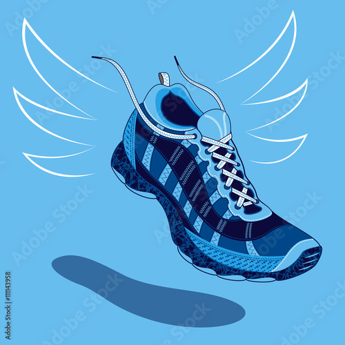 Single blue sneaker or sports shoe with flying laces floating above a drop shadow over a light blue background, vector illustration
