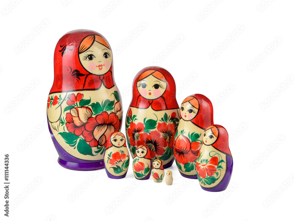 Russsian nested dolls set on a white background