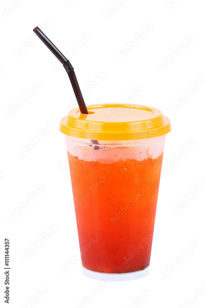 Iced tea with straw in plastic glass isolated on white Iced tea with straw in plastic glass isolated on white