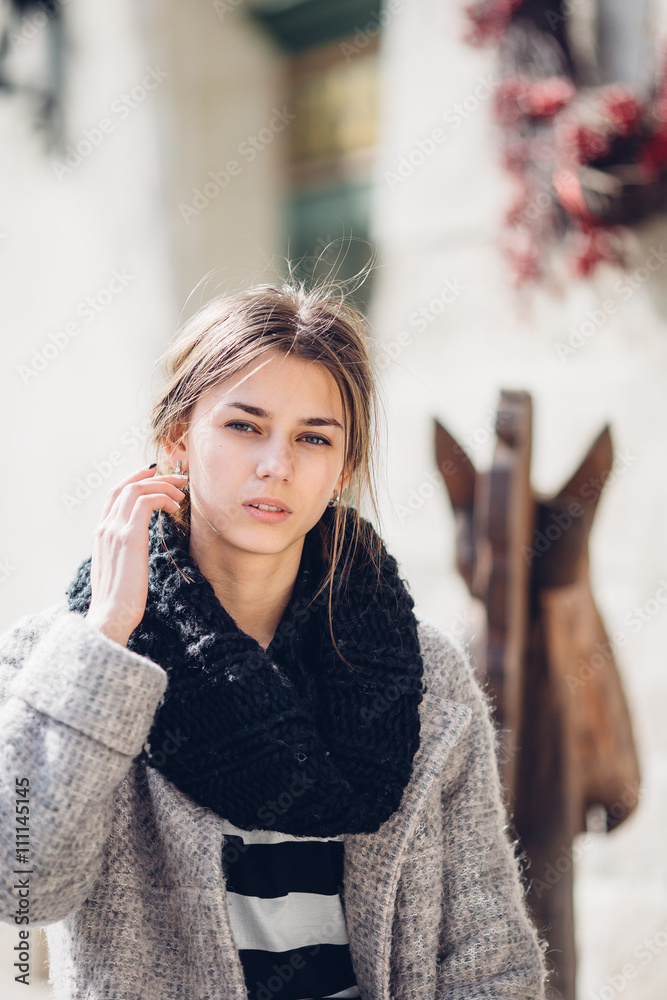 Portrait of beautiful woman standing on the street Portrait of beautiful woman standing on the street