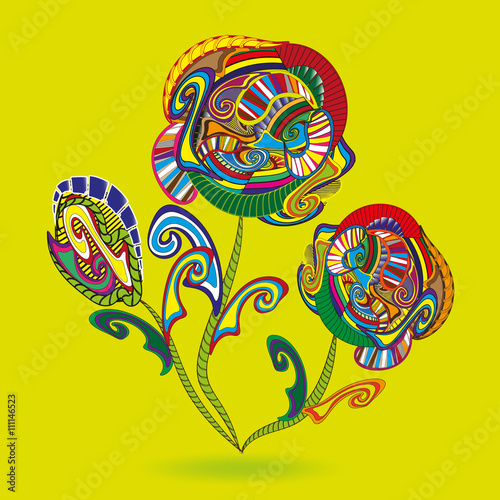 Drawing Flowers primitive doodle
Illustration Three colorful flower with leaves primitive doodle style on a dark yellow background for decoration and design
