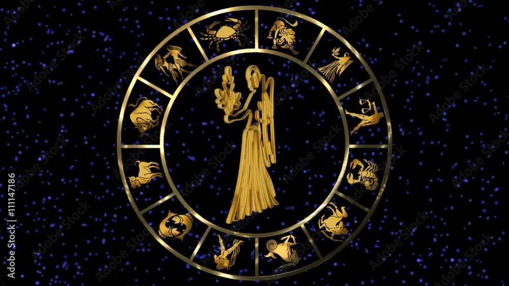 Rotating Golden Zodiac signs on the starry sky Rotating Golden Zodiac signs on the starry sky