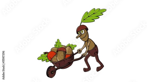 forest oak man pushing handcart harvesting acorns autumn season photo