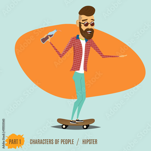The male hipster rides on a skateboard