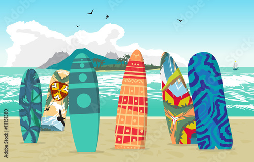 Sea landscape summer beach, surfboards stuck in the sand. Beach