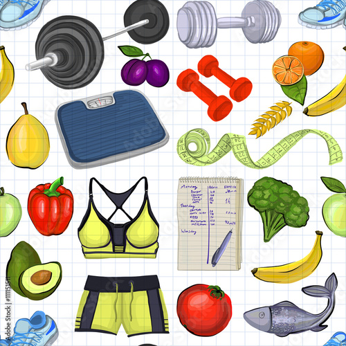 Pattern with images about healthy lifestyle